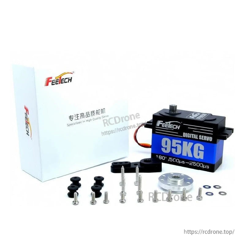FEETECH FT995M Servo, FEETECH FT995M digital servo: 95KG torque, 180° rotation, steel gears, aluminum case, 7.4V, PWM 6–9V, 15T spline, includes accessories and packaging.