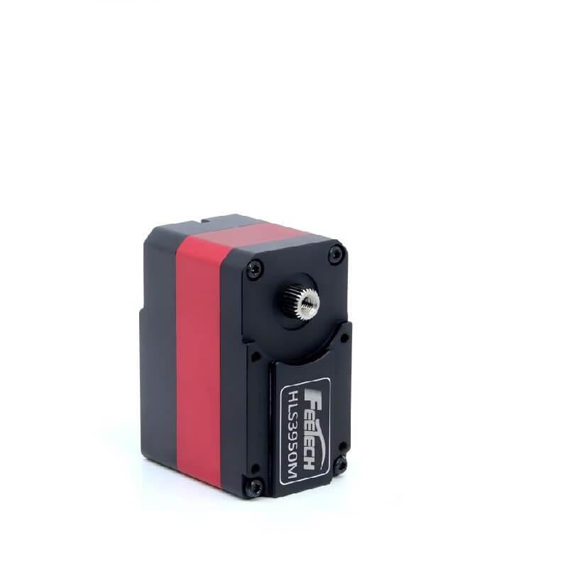FEETECH HL-3950-C001 servo motor angled view with metal output spline and red side stripe
