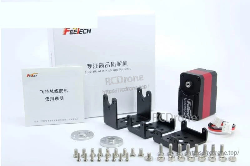 FEETECH servo package contents with motor, mounting brackets, horn discs, screws, and instruction manuals