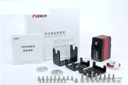 FEETECH servo package contents with motor, mounting brackets, horn discs, screws, and instruction manuals