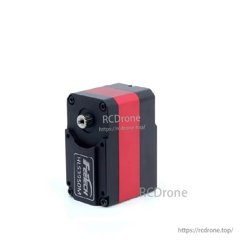 Three-quarter side view of black and red servo housing showing thickness and output shaft position