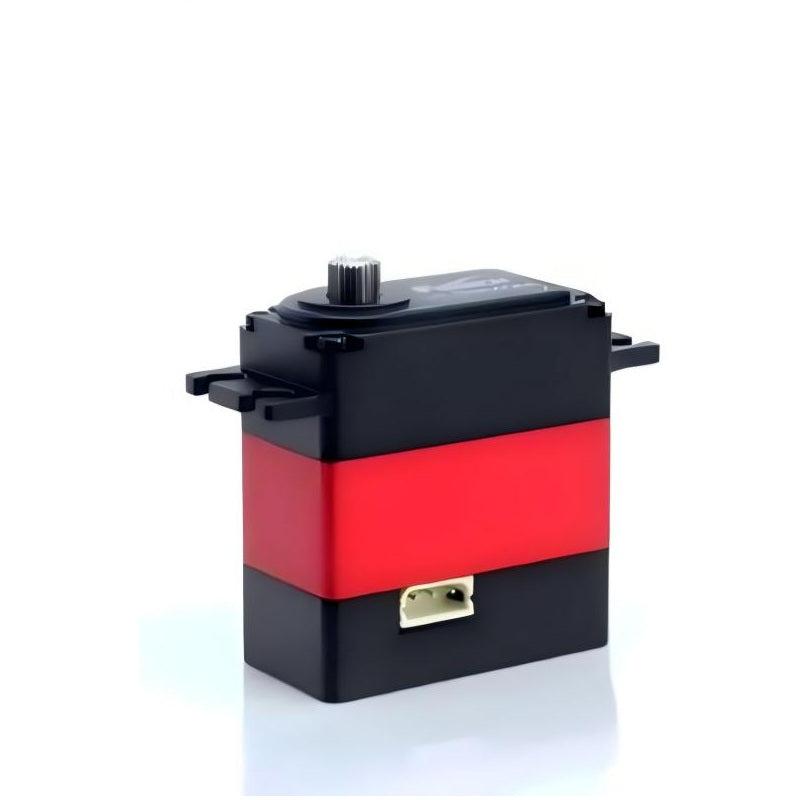 Side view of red and black servo case with output shaft on top and 3-pin connector port on bottom