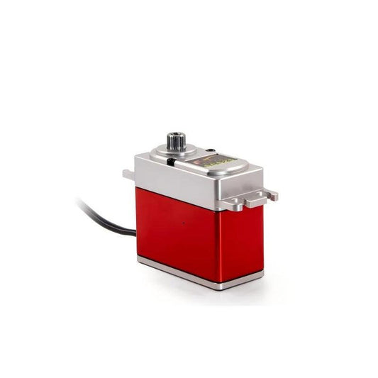FEETECH SCS40 servo motor, red metal case with silver top and output spline, angled view