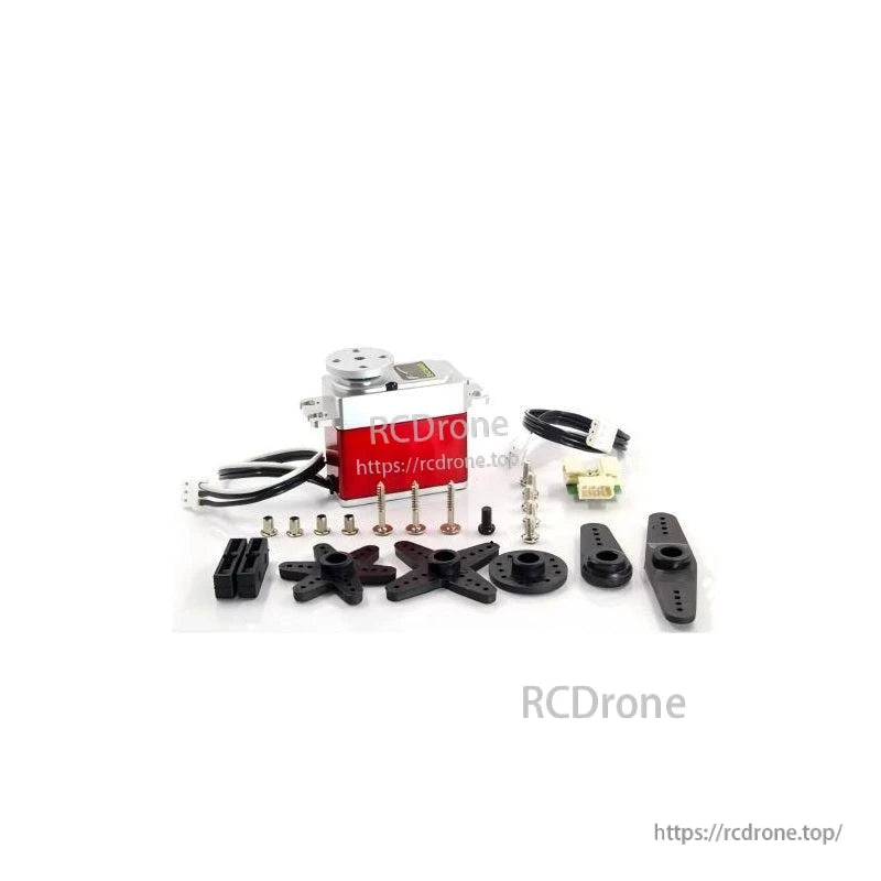 FEETECH SCS40 servo kit with cables, servo horns, screws, and mounting hardware laid out