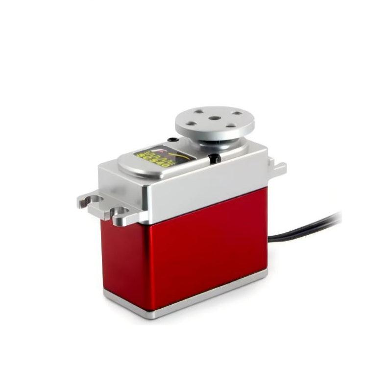 Servo motor with round servo horn installed on output shaft, red anodized case and mounting tabs
