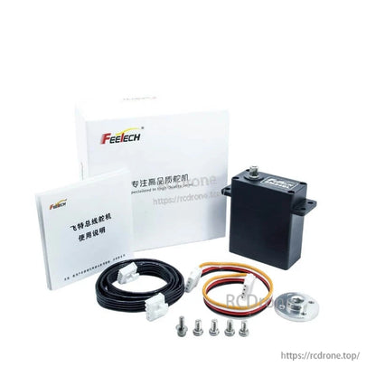 FEETECH SM24BL-C001 RS485 Serial Bus Servo, FEETECH SM24BL-C001: 8V–26V RS485 servo, 24Kg.cm torque, 360° rotation, steel gears, includes cables, screws, and manual.