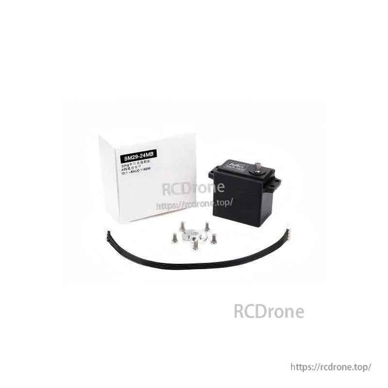FEETECH SM2924MB servo package contents with box, servo, cable, servo horn plate and screws