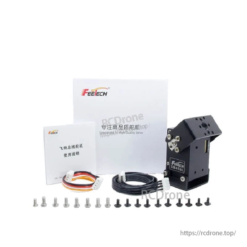 FEETECH SM45BL Servo, FEETECH SM45BL: 24V brushless servo with 45kg.cm torque, 70RPM, 12-bit encoder, aluminum case, RS485, includes accessories and manual.