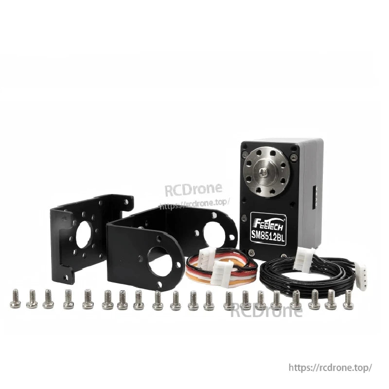 FEETECH SM8512BL Servo, FEETECH SM8512BL: 12V brushless servo with 85kg.cm torque, steel gears, aluminum case, 360° control, RS485 interface, includes mounting hardware.