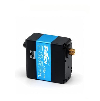 FEETECH ST3035 (ST-3035-C001) Servo with blue label and brass output shaft, angled side view