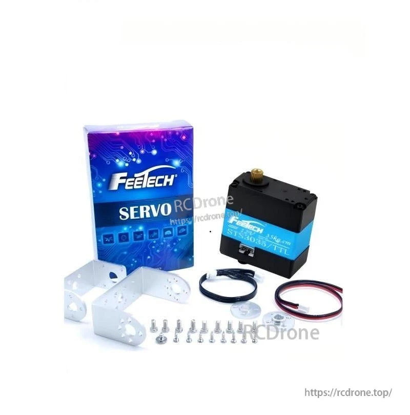 FEETECH ST3035 servo package contents with retail box, mounting brackets, screws, horns and cables