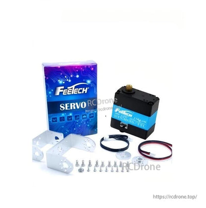 FEETECH ST3035 servo package contents with retail box, mounting brackets, screws, horns and cables