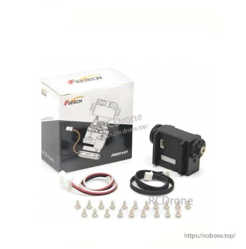 FEETECH servo package contents with ST3036 servo, retail box, two cables, and assorted mounting screws