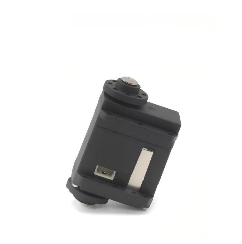 Angled side view of servo motor showing housing profile, mounting holes, and plug socket