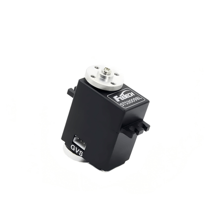 FEETECH STS3009 servo motor angled view, STS3009BL label with metal output horn on top