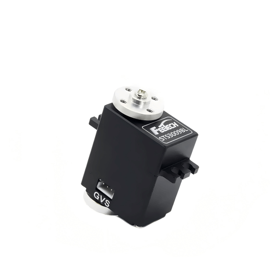 FEETECH STS3009 servo motor angled view, STS3009BL label with metal output horn on top