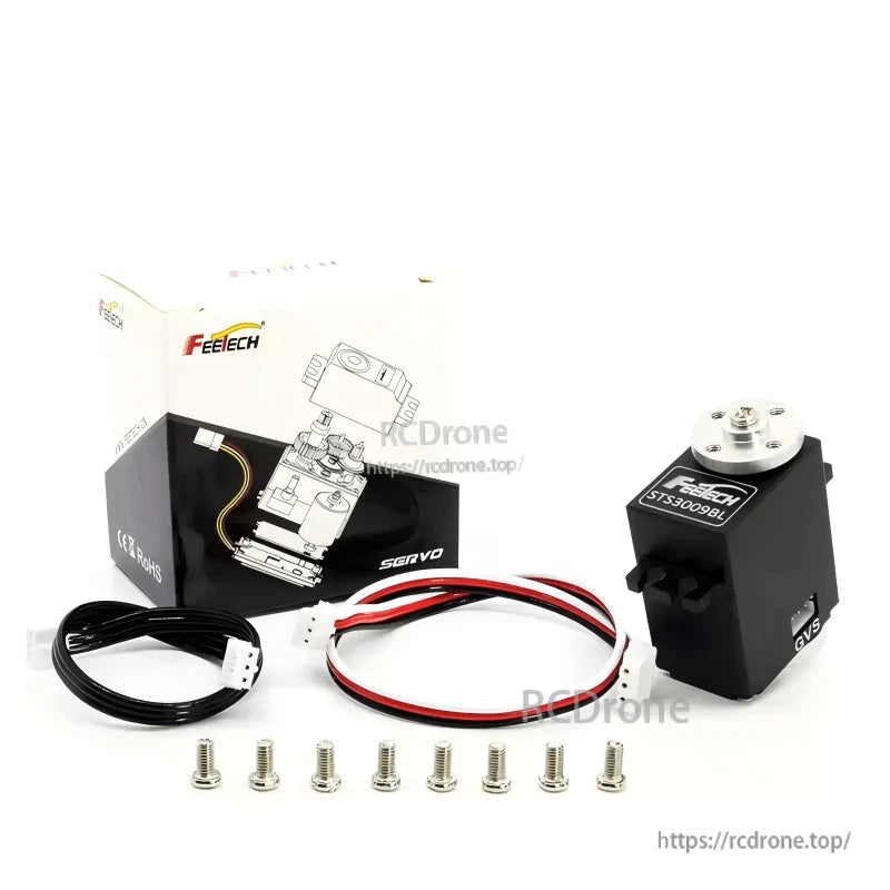 FEETECH STS3009BL servo kit with retail box, two wire leads, and mounting screws included