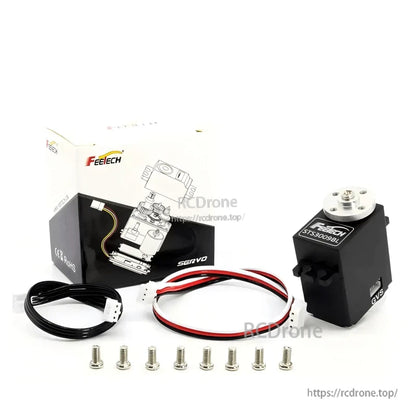 FEETECH STS3009BL servo kit with retail box, two wire leads, and mounting screws included