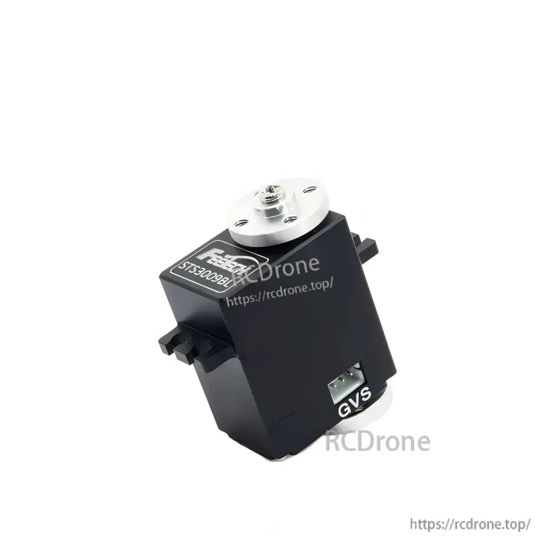 Angled side view of STS3009BL servo showing GVS port opening and side mounting tabs