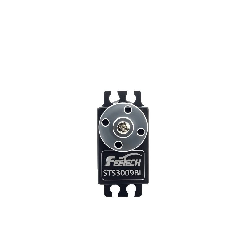 FEETECH STS3009 servo top view showing metal output disc and mounting holes, STS3009BL logo