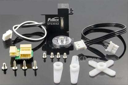 Package contents: STS3032 servo, horns, screws, wires, and small adapter board