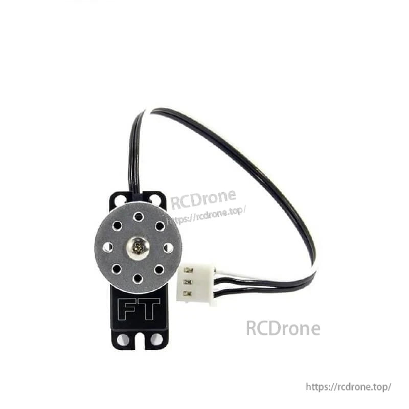 Front view of servo with circular mounting plate and 3‑pin connector on lead wire