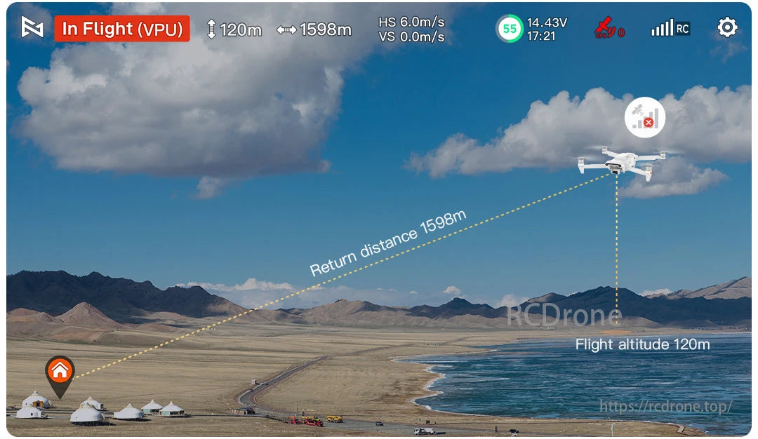 FIMI X8 Tele Max 4K 60FPS Camera Drone, FIMI X8 Tele Max 4K drone flying at 120m altitude, 1598m return distance, 6.0m/s speed, 55% battery, 14.43V voltage.