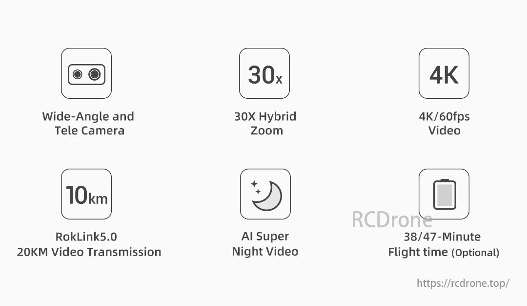 FIMI X8 Tele Max 4K 60FPS Camera Drone, X8 Tele Max features wide-angle/tele cameras, 30x zoom, 4K/60fps, 20KM transmission, AI night video, and 47-minute flight time.