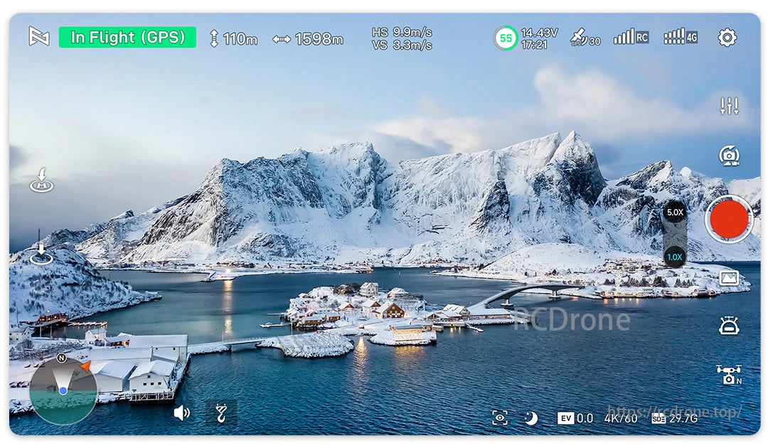 FIMI X8 Tele Max 4K 60FPS Camera Drone, FIMI X8 drone capturing snowy mountains, lake, and houses in 4K. GPS active, altitude 110m, speed 9.9m/s, battery 55%, 4G connected.