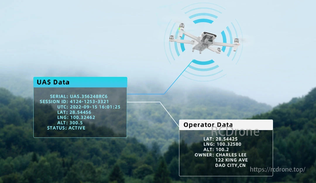 FIMI X8 Tele Max 4K 60FPS Camera Drone, Drone FIMI X8 Tele Max active over forest, altitude 300.5m, owned by Charles Lee, with telemetry data shown.