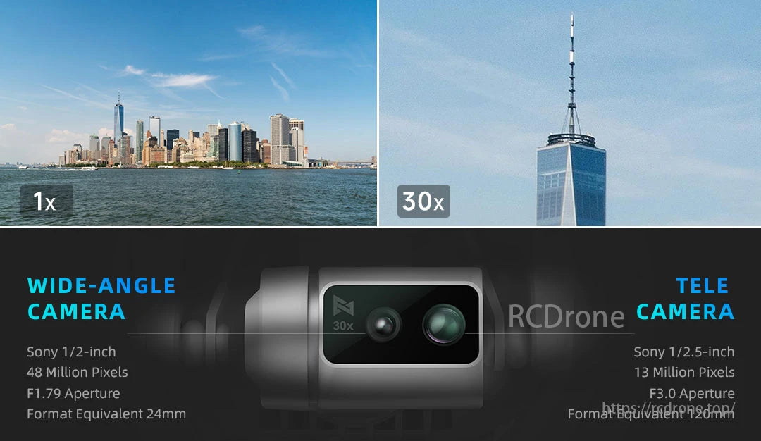 FIMI X8 Tele Max 4K 60FPS Camera Drone, FIMI X8 Tele Max drone features 4K 60FPS, dual cameras with 48MP/13MP sensors, 24mm/120mm formats, and 30x zoom.