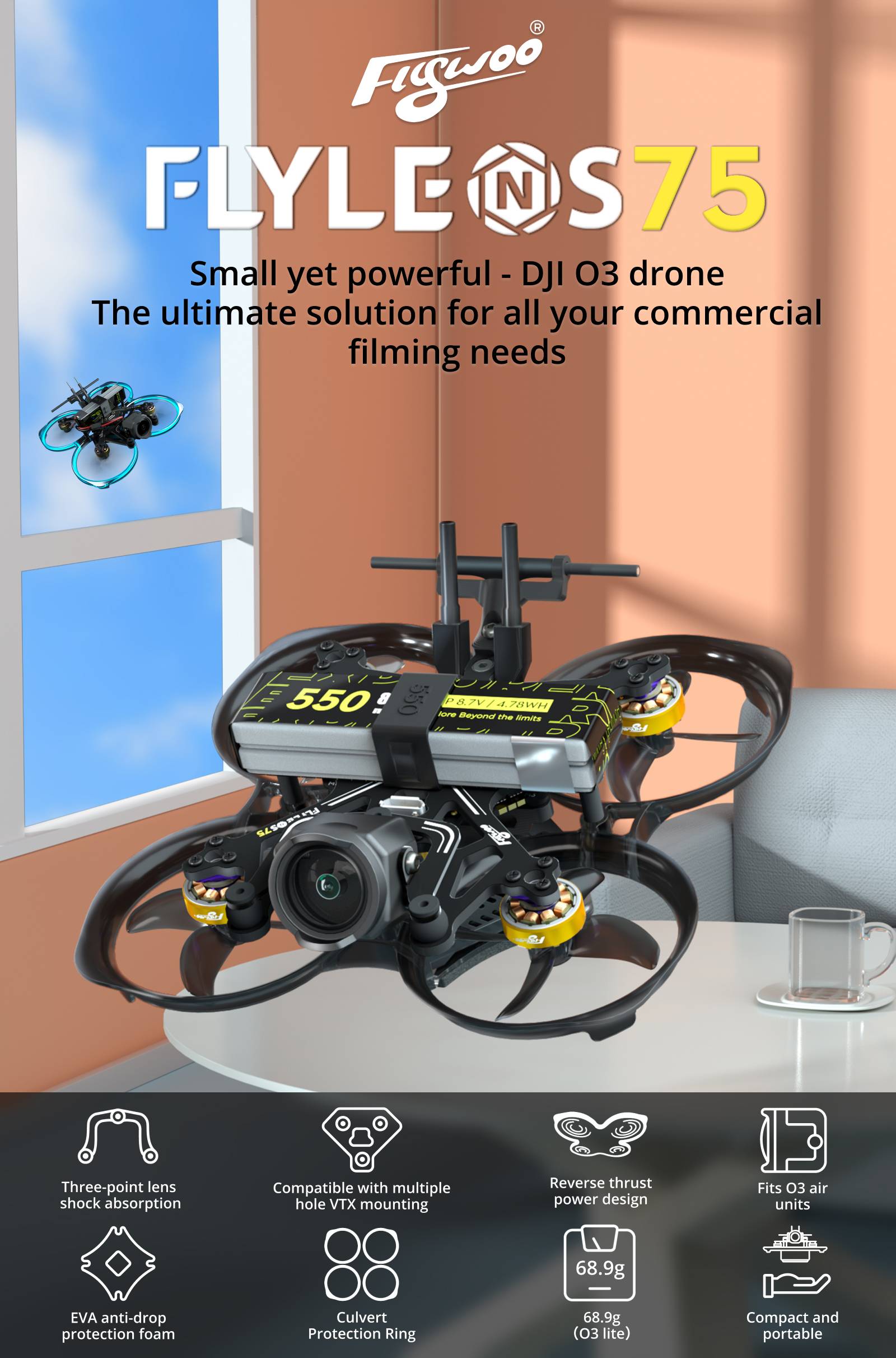 A small yet powerful drone for commercial filming, featuring multiple units compatibility, reverse thrust, smooth landings, and efficient energy consumption.