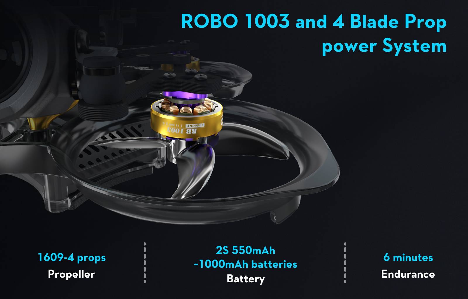 Flywoo FlyLens 75 HD O3 Lite features Robo power system, MH battery, 1609-4 props and up to 10 minutes of prop endurance.