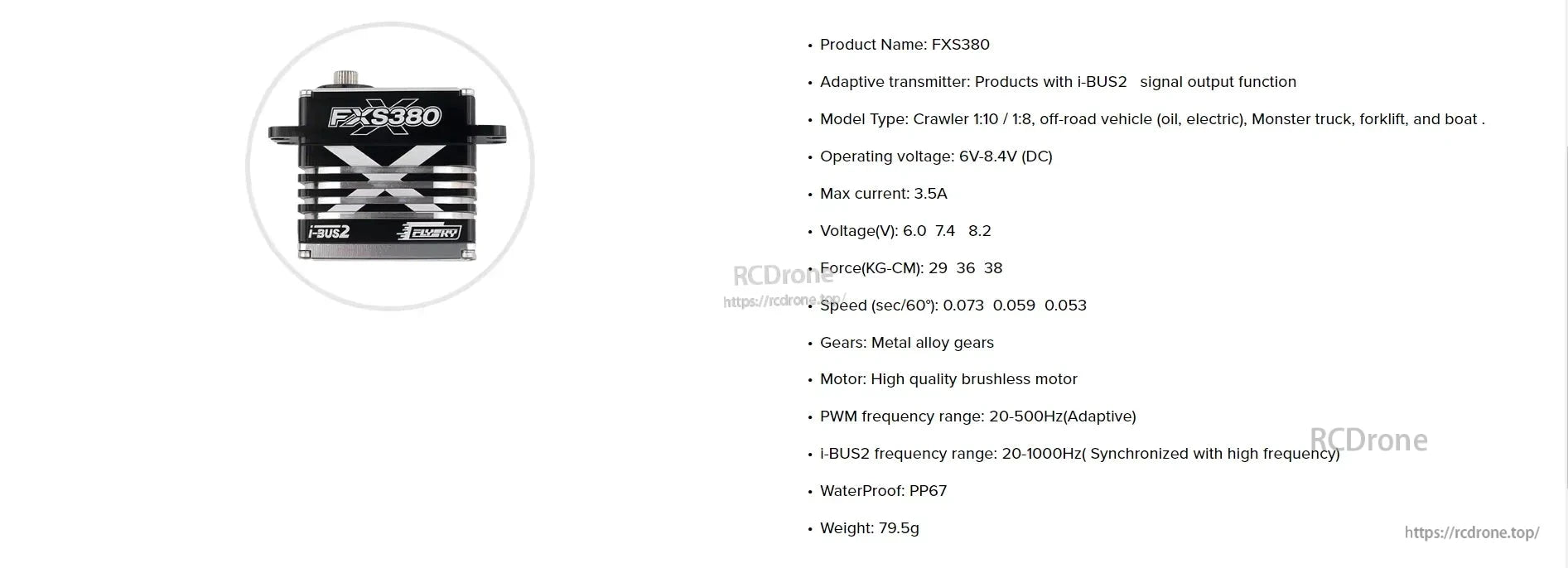 FLYSFY FXS380 i-BUS2 Waterproof Servo, Waterproof FLYSKY FXS380 servo with brushless motor, metal gears, 6–8.4V, 3.5A max, PP67 rated, 79.5g; ideal for crawlers, off-road, monster trucks, forklifts, and boats.