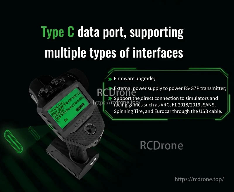 FlySky FS-G7P+ USB Type-C data port graphic for firmware updates, external power, and simulator connection