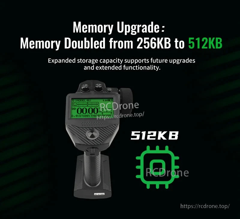 FlySky FS-G7P+ transmitter display with memory upgrade note from 256KB to 512KB for model storage