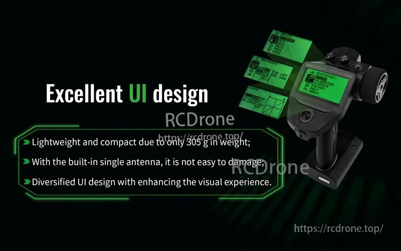 FlySky FS-G7P+ LCD UI highlights lightweight 305 g design and built-in single antenna surface radio form