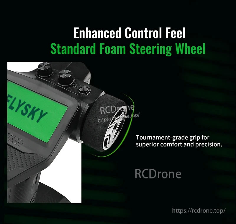 Close-up of FlySky FS-G7P+ foam steering wheel and pistol-grip transmitter body for improved control feel