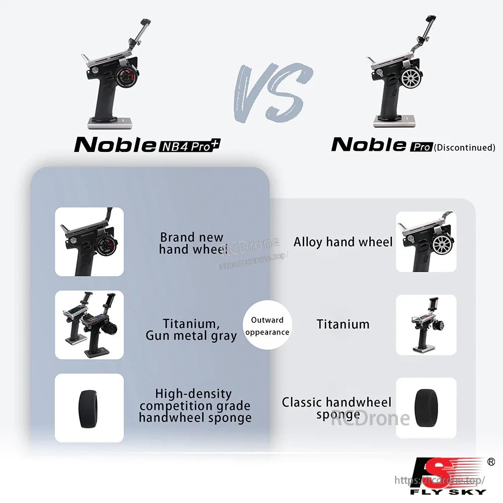 FlySky Noble NB4 Pro+ surface radio transmitter vs Noble Pro exterior, updated handwheel and gunmetal finish