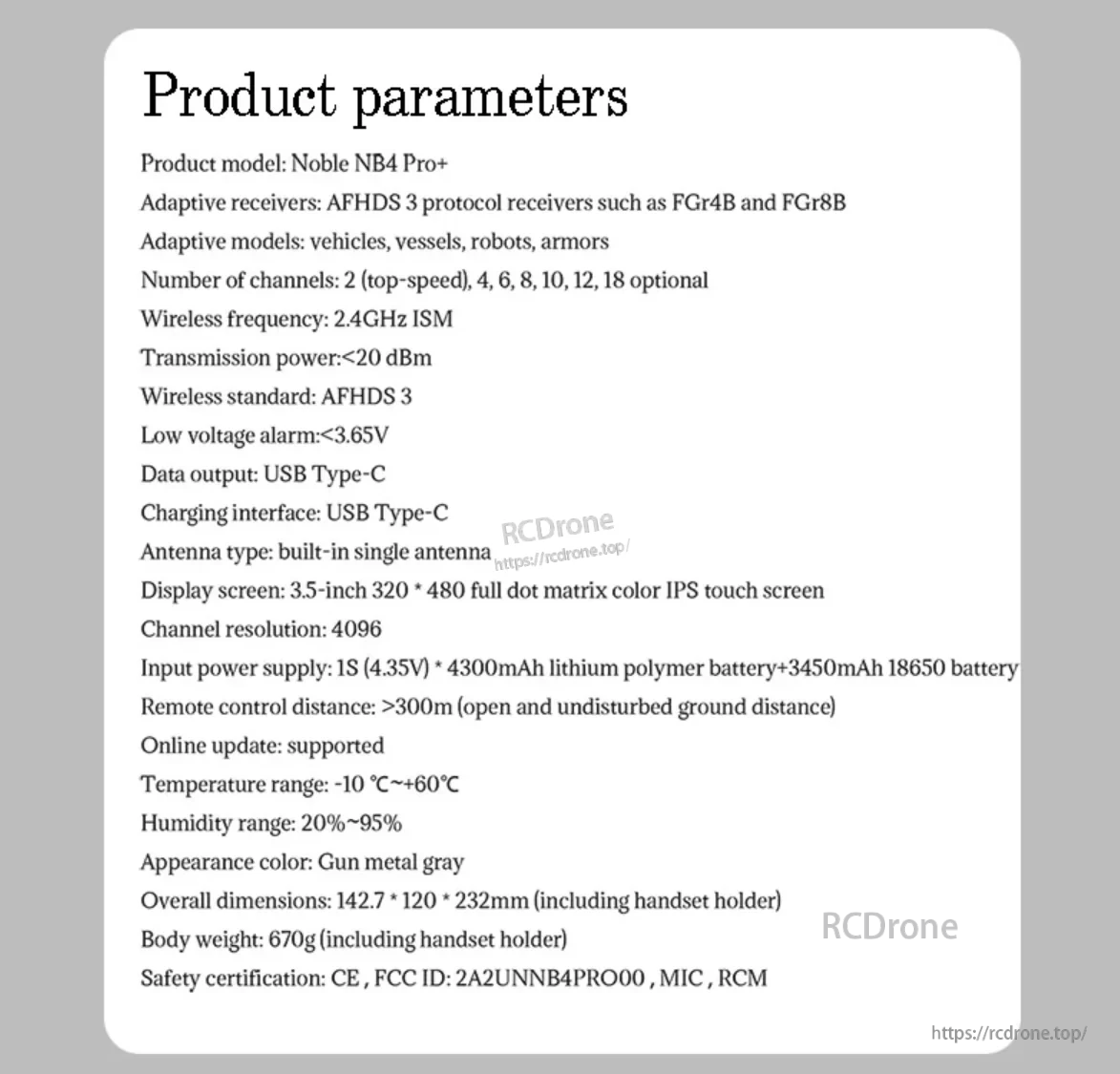 FlySky Noble NB4 Pro+ product parameters list with AFHDS 3, channel options, 3.5-inch IPS display, and USB Type‑C
