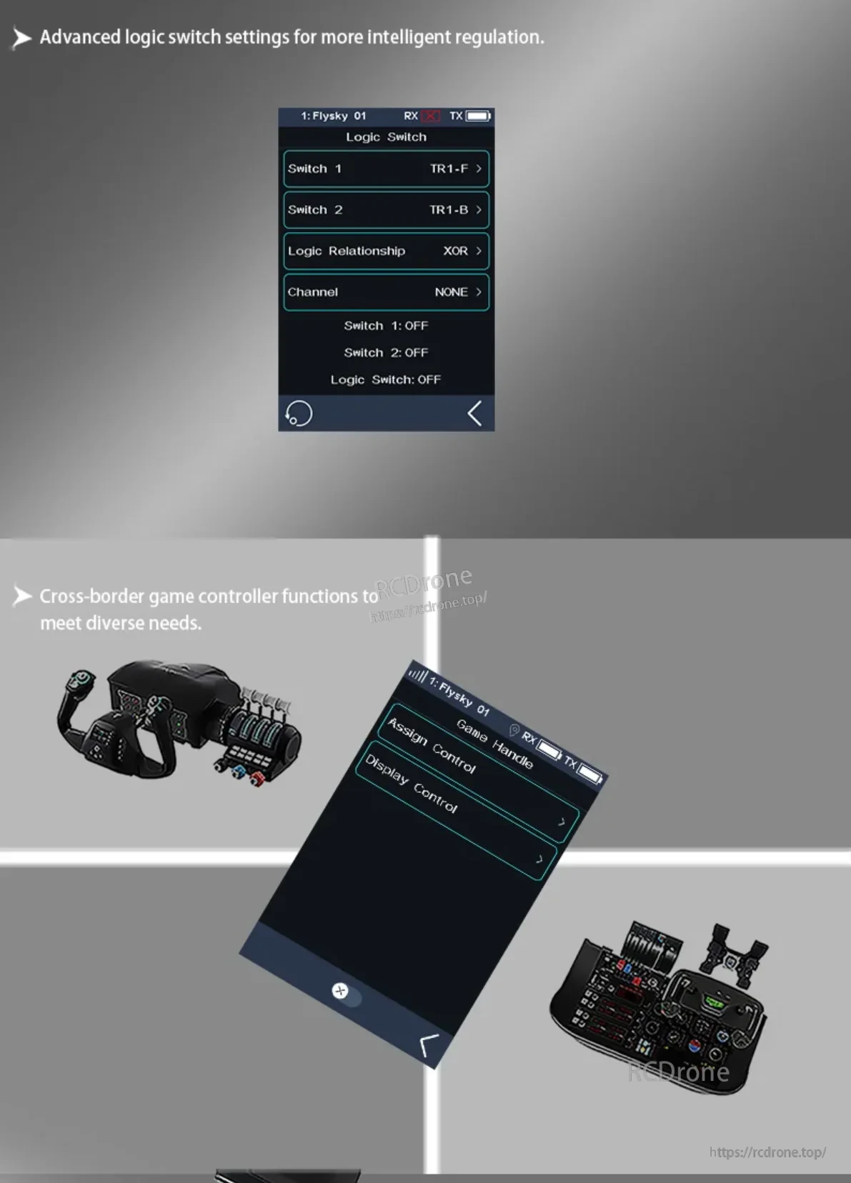 Logic switch settings screen and cross-border game controller functions graphic for Noble NB4 Pro+