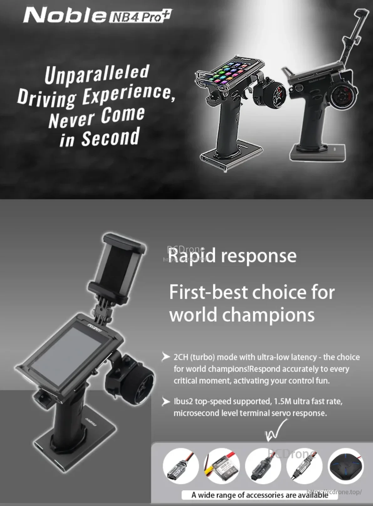 NB4 Pro+ rapid response infographic highlighting 2CH turbo mode and i-BUS2 high-speed support