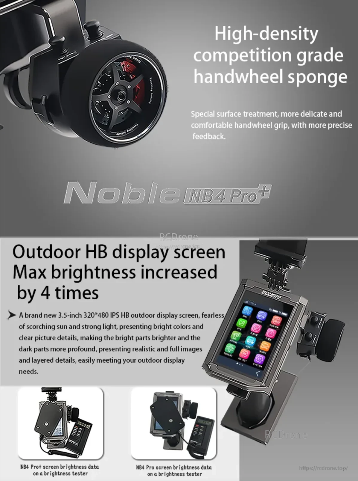 Close-up of NB4 Pro+ handwheel sponge and high-brightness 3.5-inch IPS outdoor display brightness comparison
