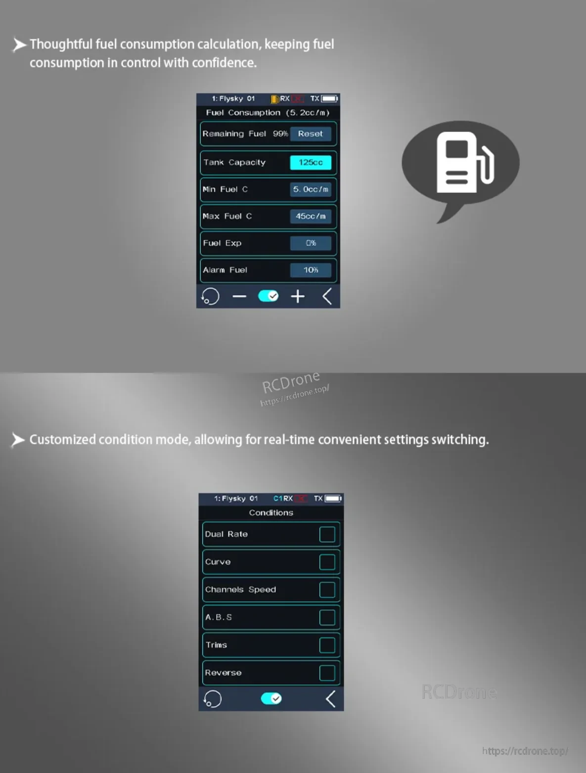 Fuel consumption calculation screen and condition mode list including dual rate, curve, channel speed, ABS, trims