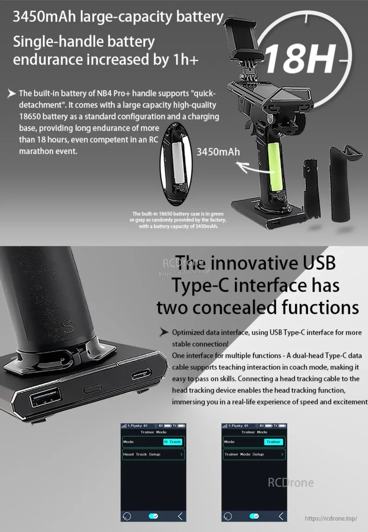 NB4 Pro+ battery endurance and USB Type‑C functions graphic with 3450mAh 18650 battery and charging port detail