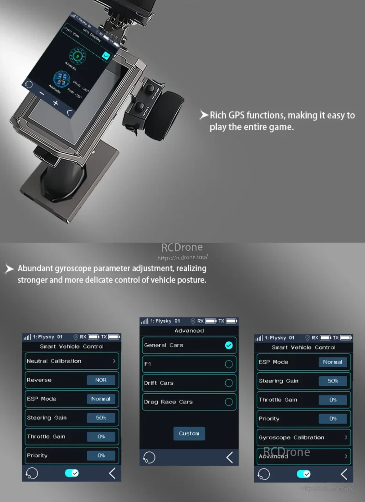 NB4 Pro+ transmitter screen graphic highlighting GPS and gyroscope parameter adjustment menus