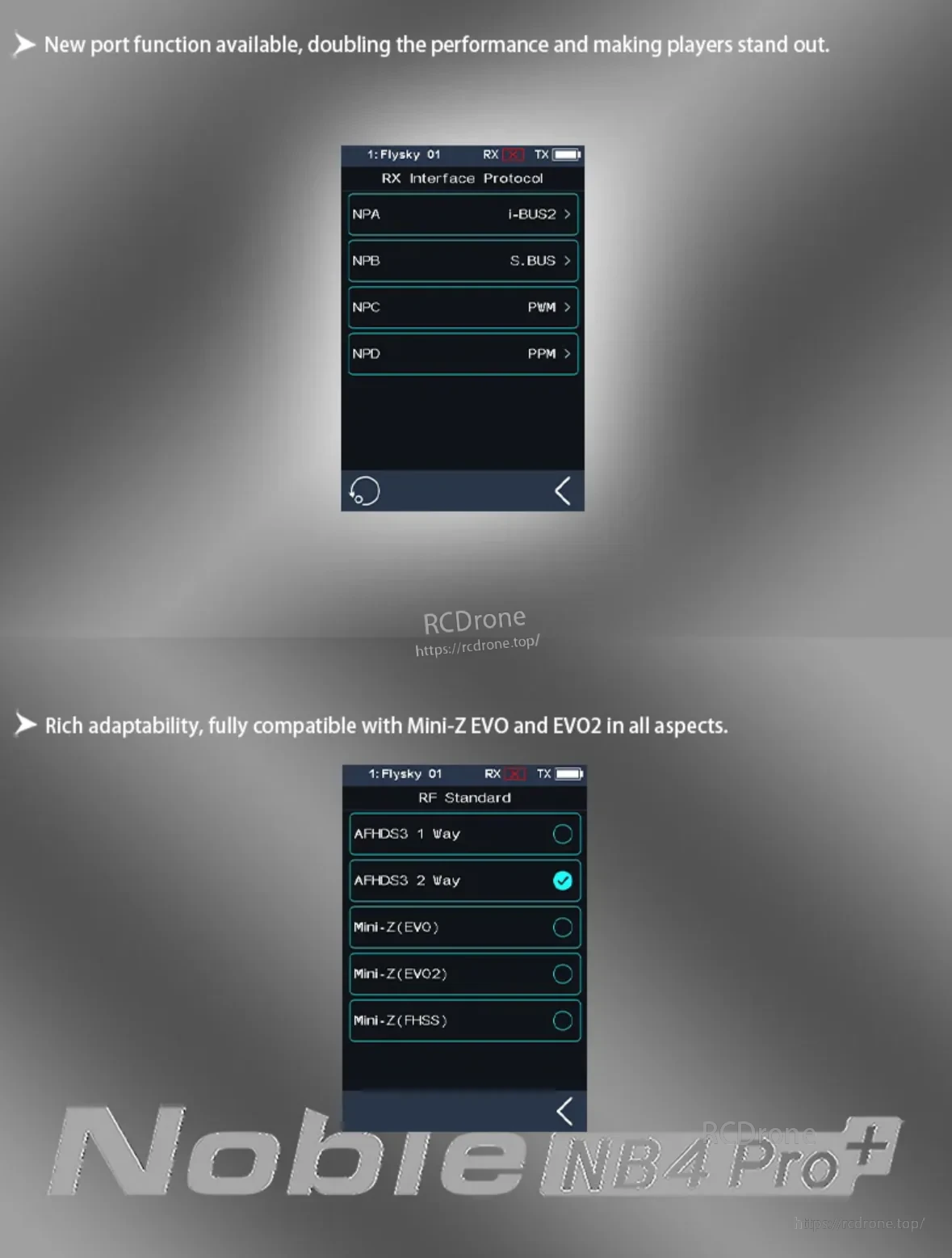 NB4 Pro+ RX interface protocol menu with i-BUS2, S.BUS, PWM, PPM and RF standard selection screen