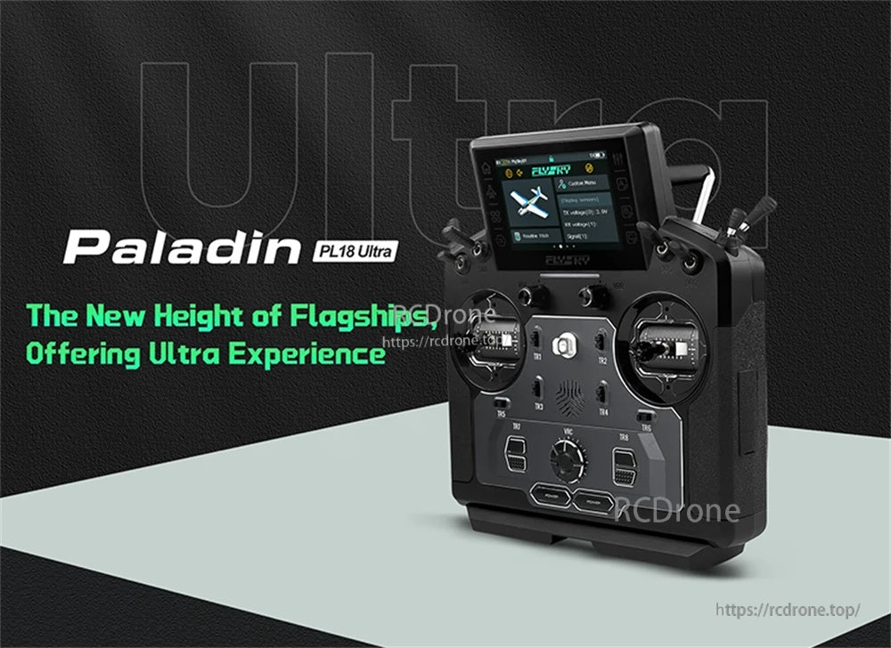 FLYSKY PL18 Ultra Paladin 18CH RC radio transmitter with 3.5in touch screen and dual gimbals