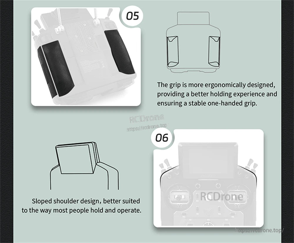 Back grip and sloped shoulder ergonomic design elements for stable one-handed holding