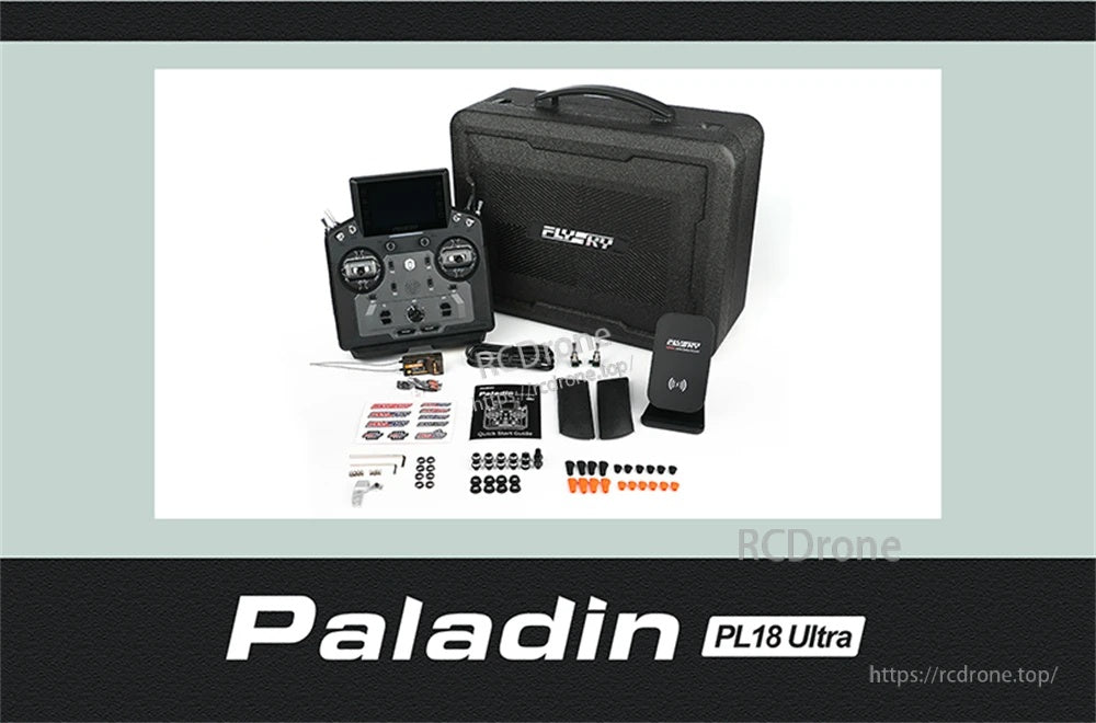 FLYSKY Paladin PL18 Ultra RC radio transmitter with touch screen, carry case, cables, and accessory kit